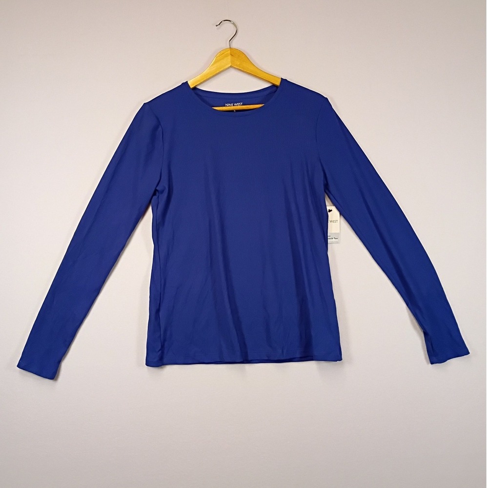 Minimalist Nine West Womens S Blue Ribbed Soft Spun Long Sleeve Crewneck Tee